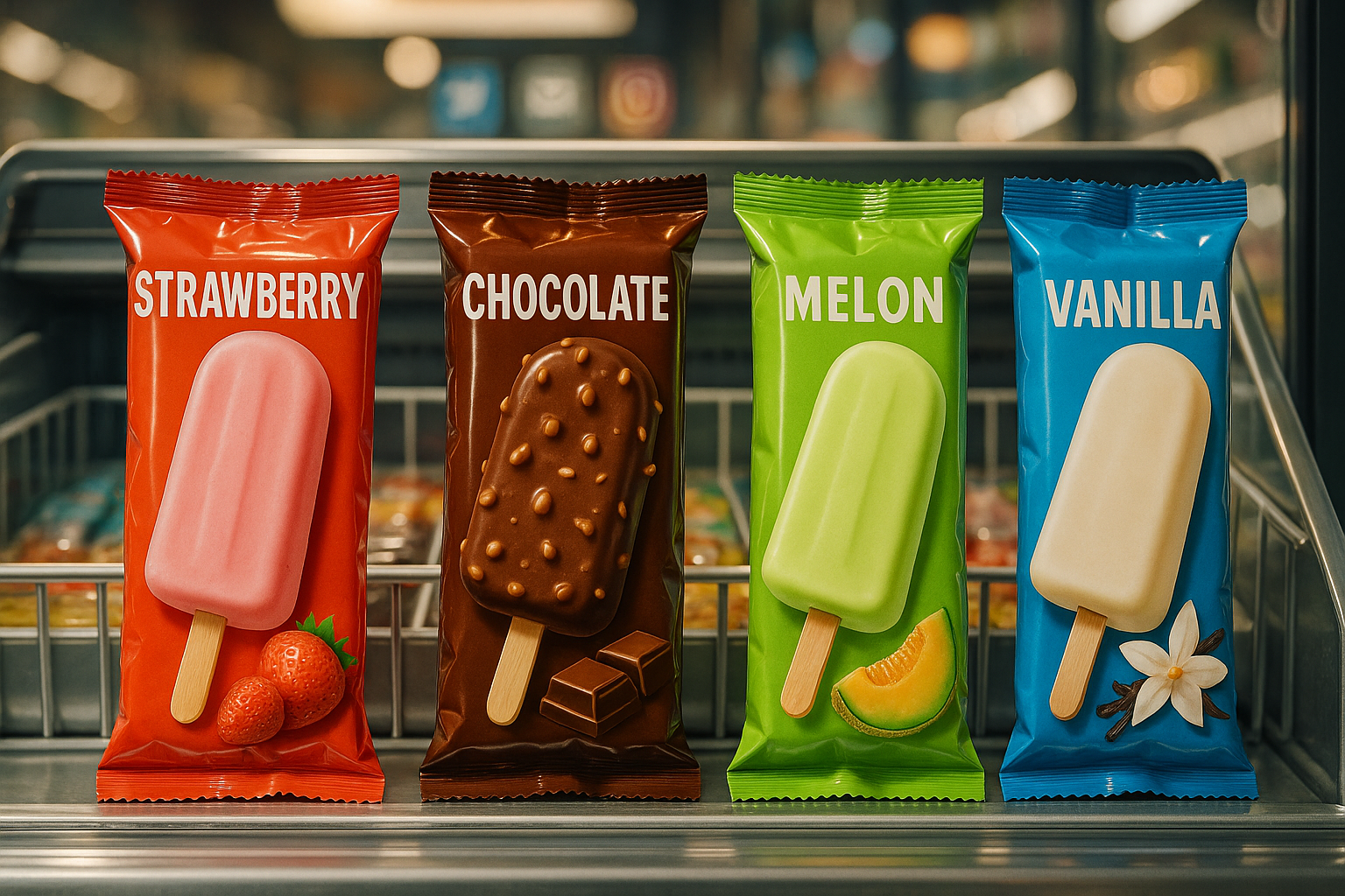 ストロベリー、チョコレート、メロン、バニラの4種類のアイスバーが冷凍ケースに並んでいる