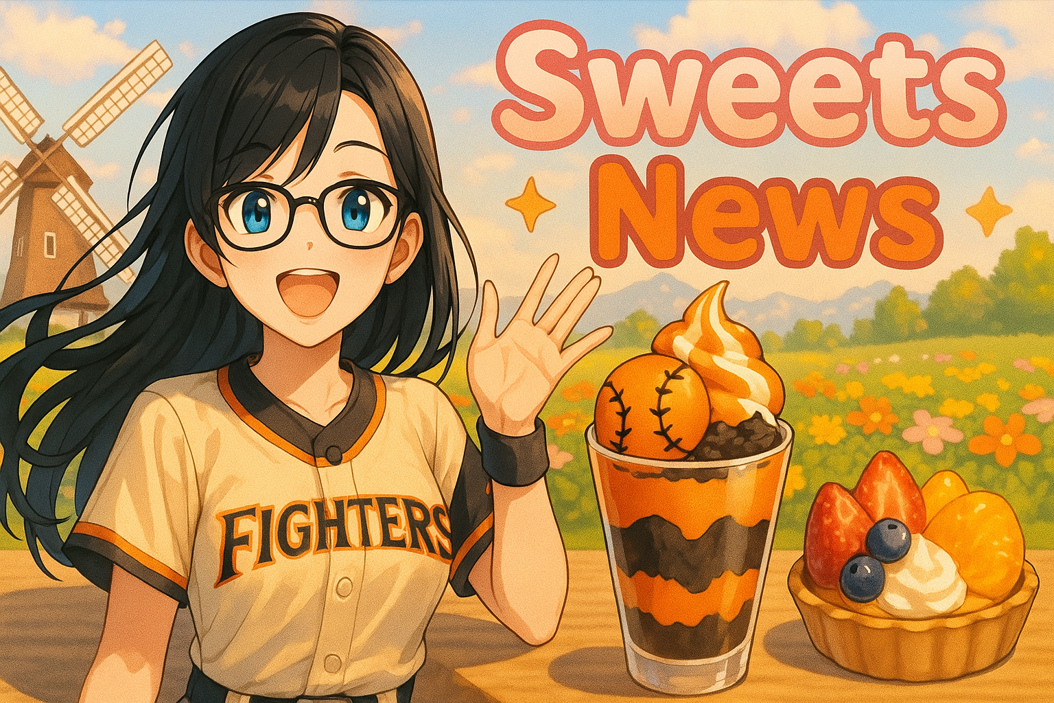 「FIGHTERS」と書かれたユニフォームを着たアニメ風の女の子と、野球モチーフのパフェやフルーツタルト