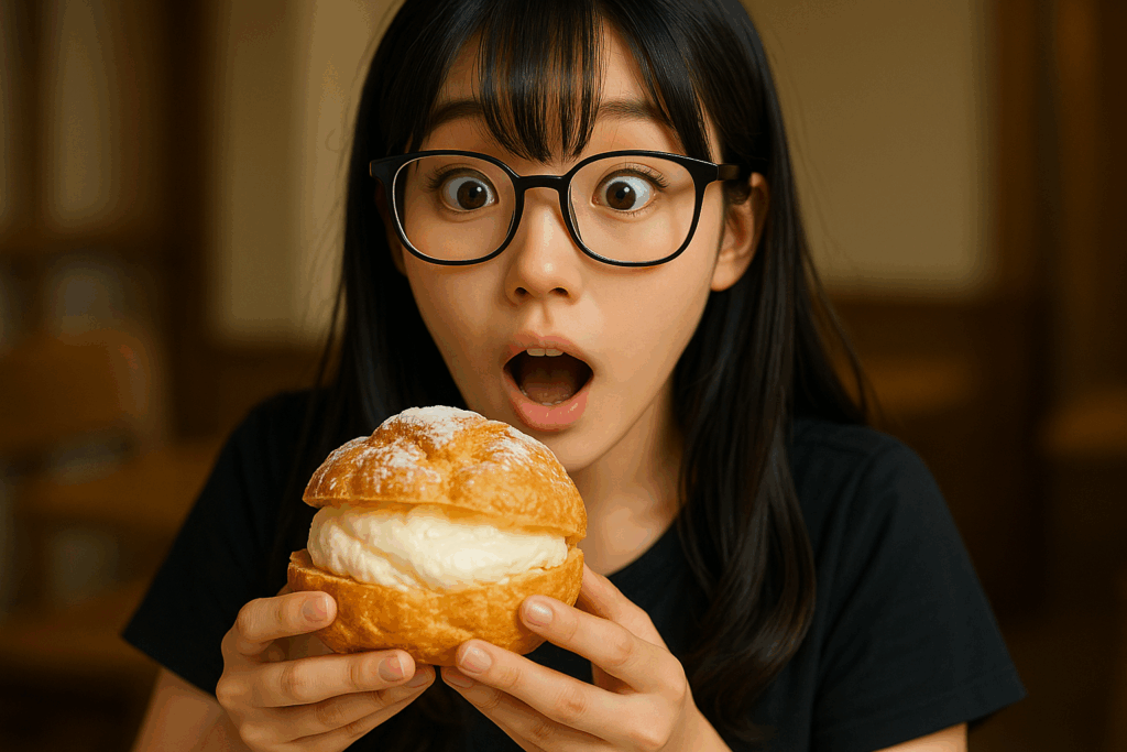 大きなシュークリームを両手で持ち、驚いた表情を浮かべる眼鏡の女の子