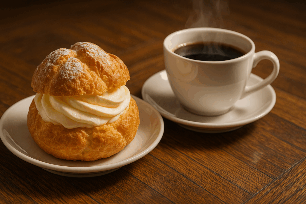 たっぷりクリームの入ったシュークリームと湯気の立つホットコーヒーが木製テーブルに置かれている