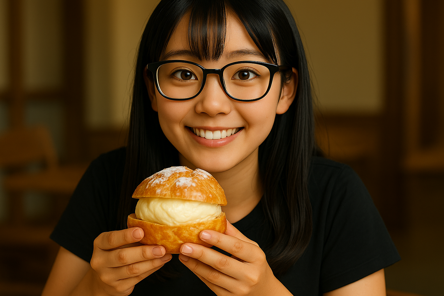 大きなシュークリームを手に持って笑顔を見せる黒髪で眼鏡の女の子