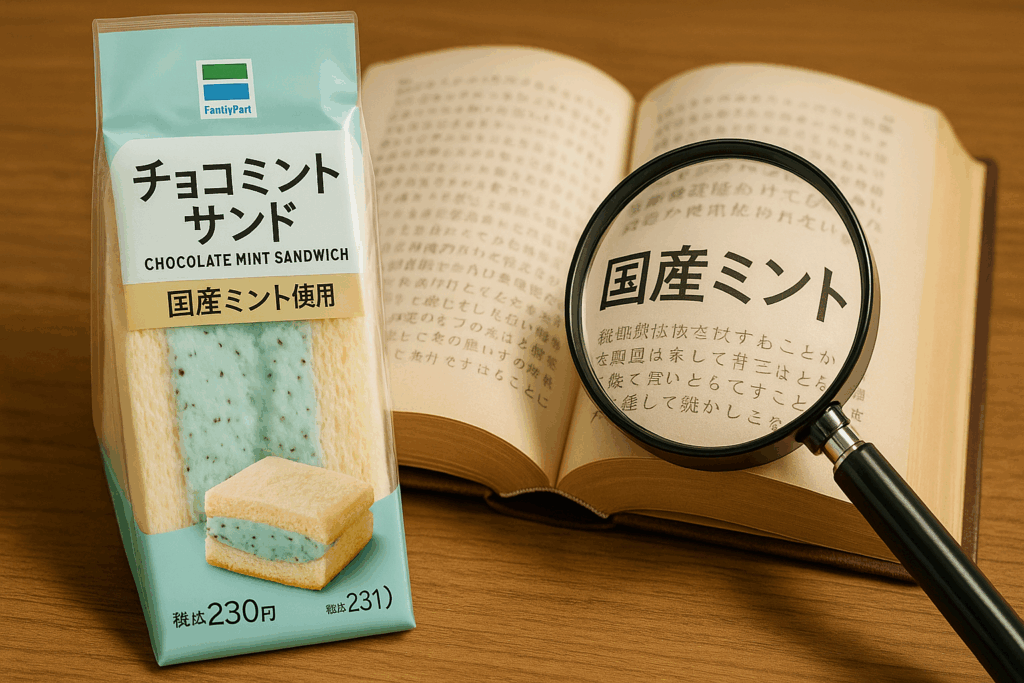 「チョコミントサンド 国産ミント使用」と書かれたパッケージと、虫眼鏡で「国産ミント」の文字を拡大している本のページ