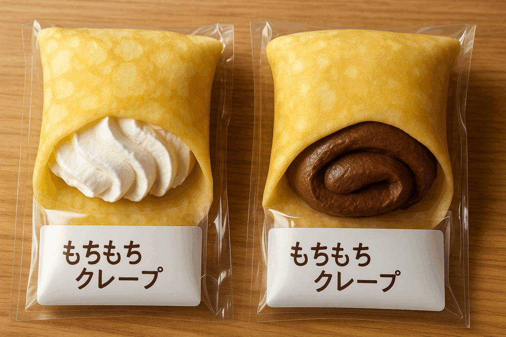 木目のテーブルに並んだ、ホイップクリームとチョコクリーム入りのもちもちクレープ2種のパッケージ写真