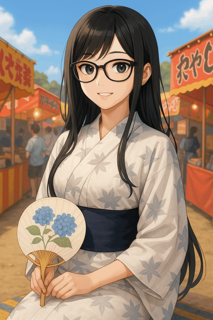 眼鏡をかけた女性が浴衣姿で団扇を手に持ち、夏祭りの屋台前で微笑んでいる様子。