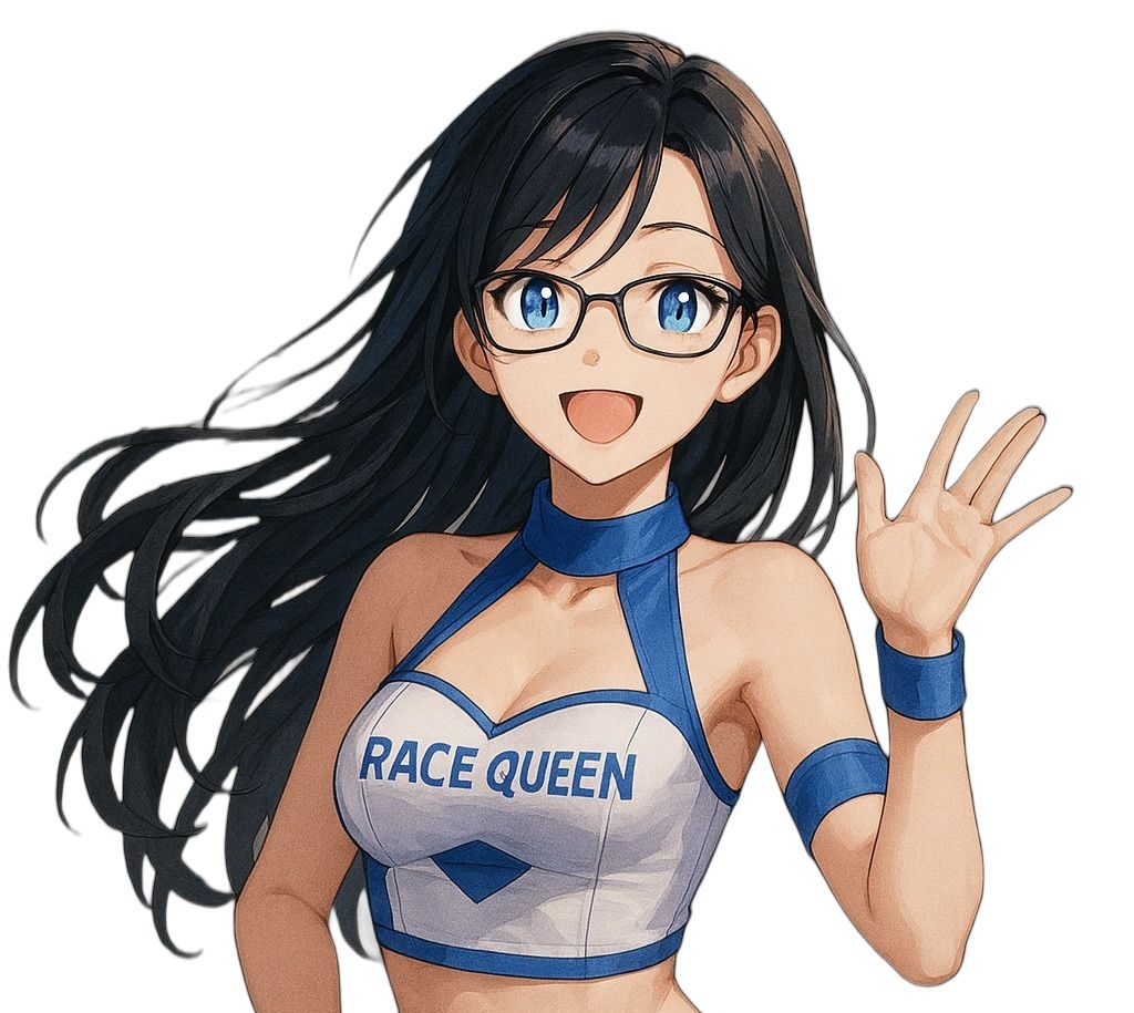 「RACE QUEEN」と書かれた衣装を着て、笑顔で手を振るメガネ姿のアニメ風女性キャラクター。