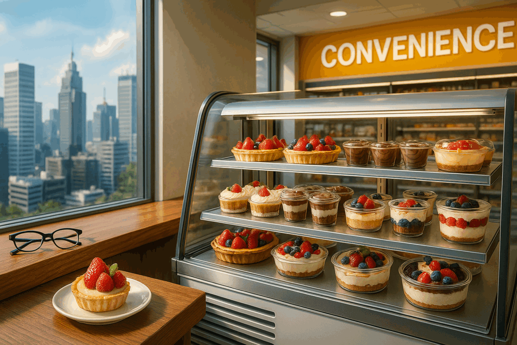 高層ビルを背景にしたコンビニのスイーツショーケース。苺やベリーを使ったタルトやカップスイーツが並んでいる。