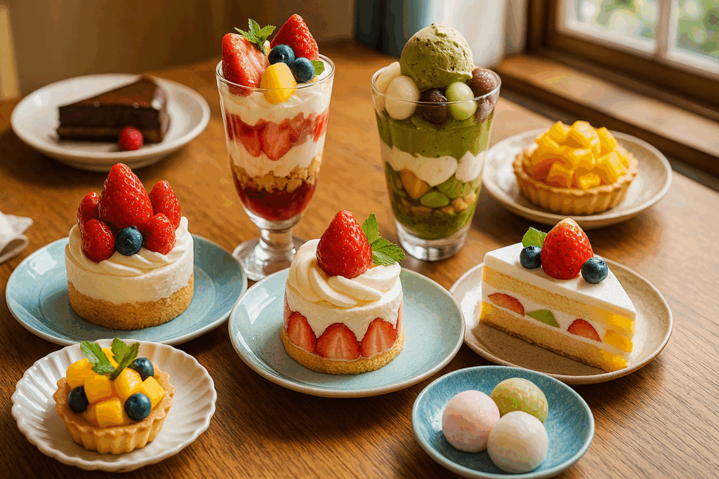 ショートケーキやタルト、抹茶パフェなど色とりどりのスイーツがテーブルに並べられている。フルーツやクリームが美しく盛り付けられている。