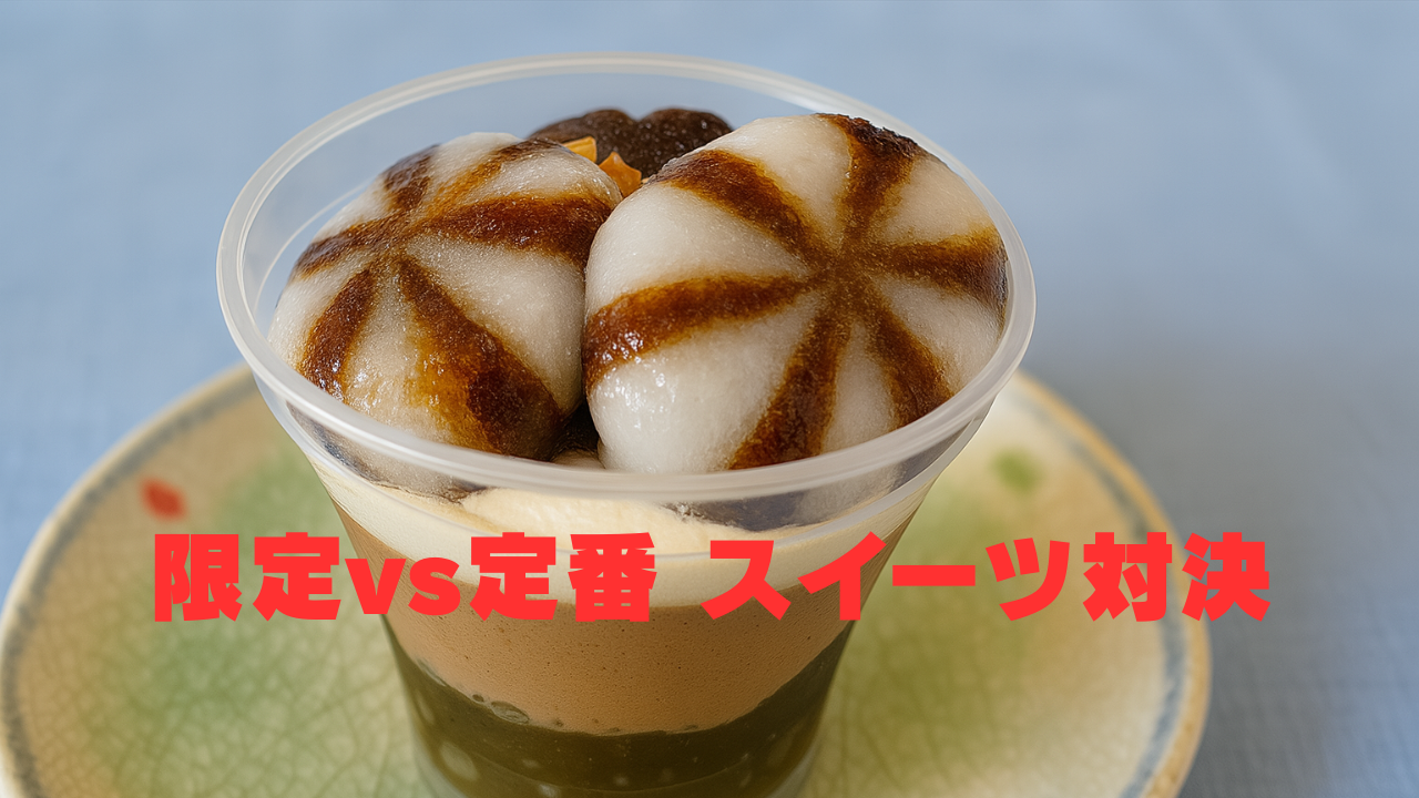 カップに入った和風スイーツの上に、焼き目のついた白い団子が2つ乗っており、「限定vs定番 スイーツ対決」という赤い文字が中央に表示されている。
