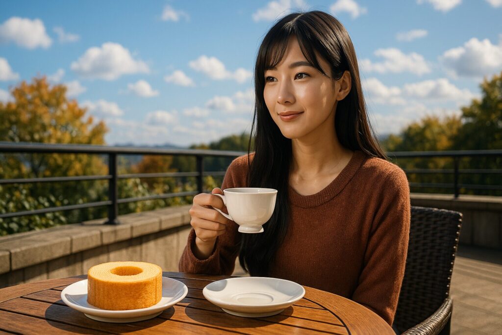 秋の晴れた日にテラス席でくつろぐ若い女性。手にはコーヒーカップを持ち、テーブルにはバウムクーヘンが置かれている。
