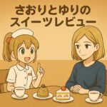 「さおりとゆりのスイーツレビュー」と手書き風に描かれた背景の前で、さおりとゆりがテーブルをはさんでスイーツとティーカップを楽しんでいるイラスト