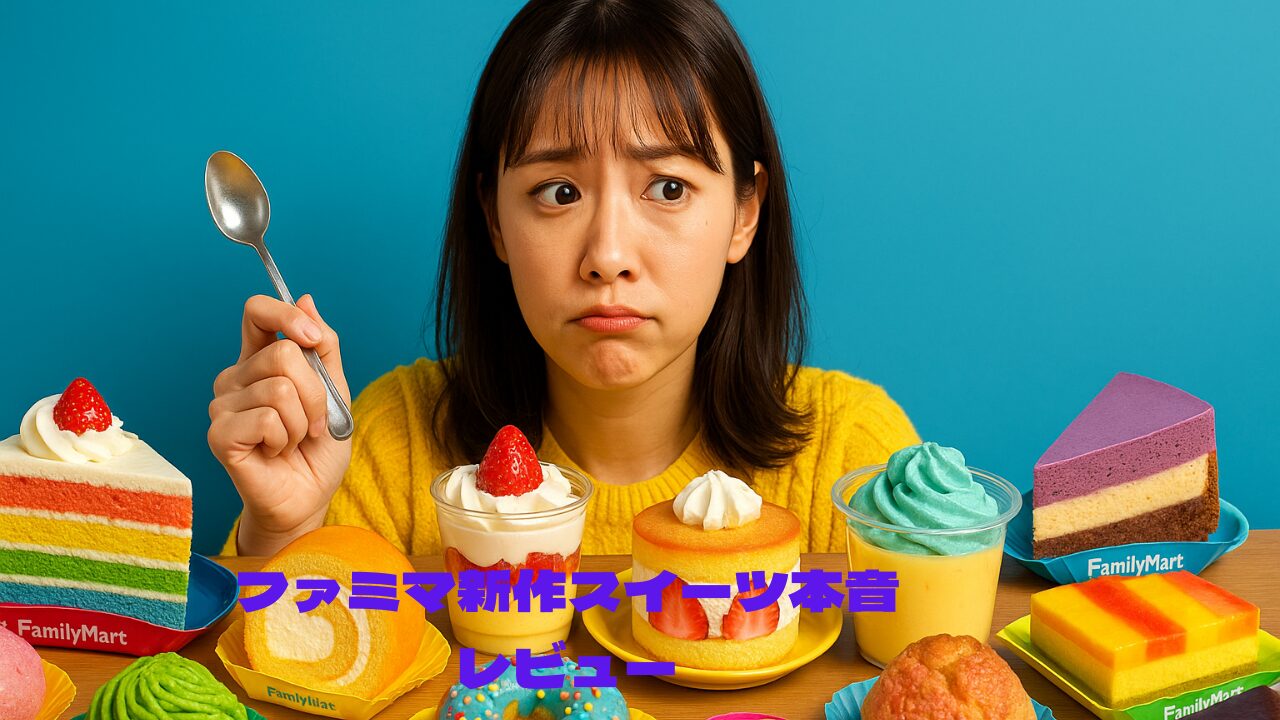 たくさんの新作スイーツを前に、どれから食べるか悩んでいる女性。「ファミマ新作スイーツ本音レビュー」という文字が書かれている