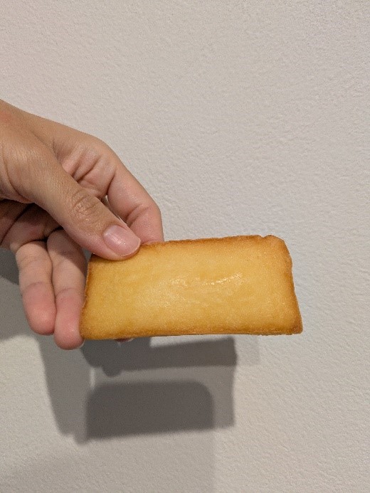 人の手で持たれた長方形の焼き菓子の写真
