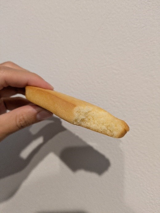 一口かじられた長方形のクッキーを手に持った写真