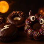 ハロウィン仕様のチョコレートドーナツが並んでいる写真。モンスター風のデコレーションも含まれる。