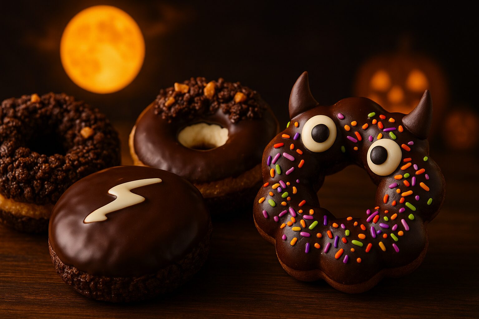 ハロウィン仕様のチョコレートドーナツが並んでいる写真。モンスター風のデコレーションも含まれる。