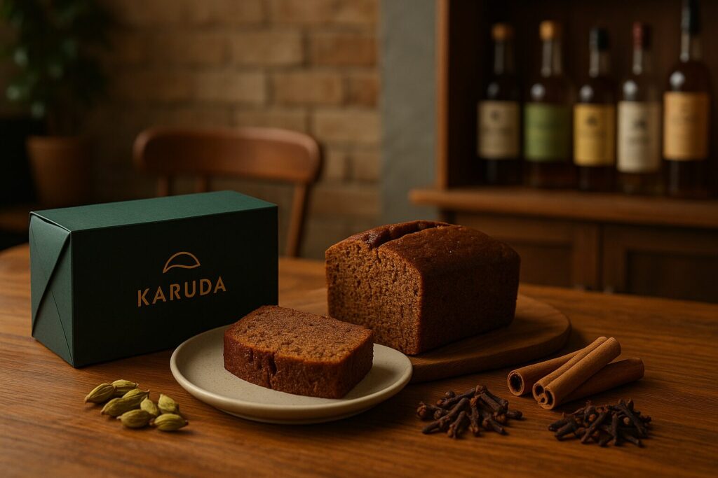 カットされたスパイスパウンドケーキと「KARUDA」のロゴが入ったギフトボックス
