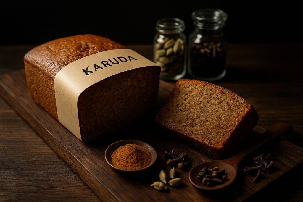 「KARUDA」と書かれた帯を巻いたパウンドケーキとスパイス（シナモン、クローブ、カルダモン）が並ぶ