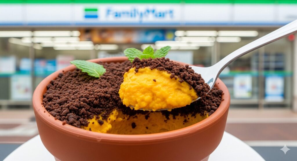 植木鉢に見立てた器に盛られた、チョコクランブルとミントを添えたかぼちゃプリン