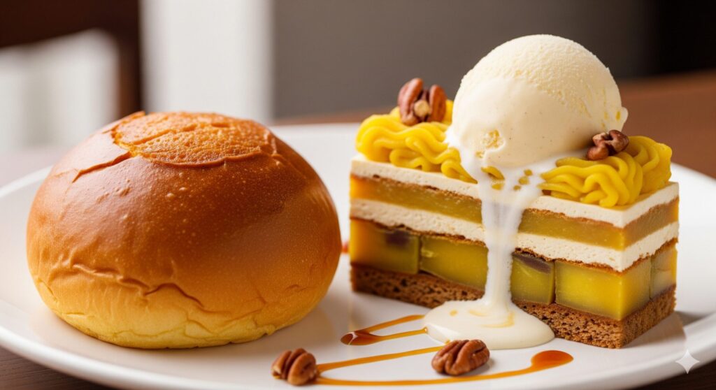 バニラアイスをのせたさつまいもケーキと、ふんわり丸パンが並ぶ白い皿