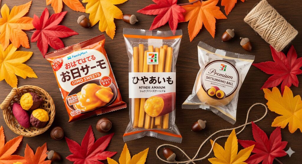 秋の落ち葉とどんぐりに囲まれた、ファミリーマートとセブンイレブンのさつまいもスイーツ商品