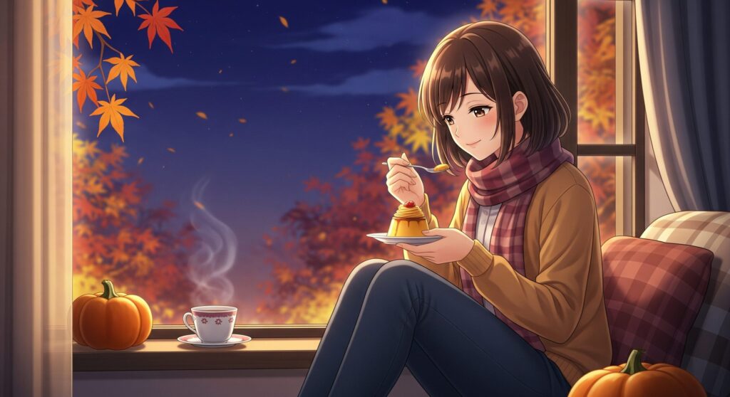 秋の夜、窓辺でプリンを食べながらリラックスするマフラー姿の少女のイラスト
