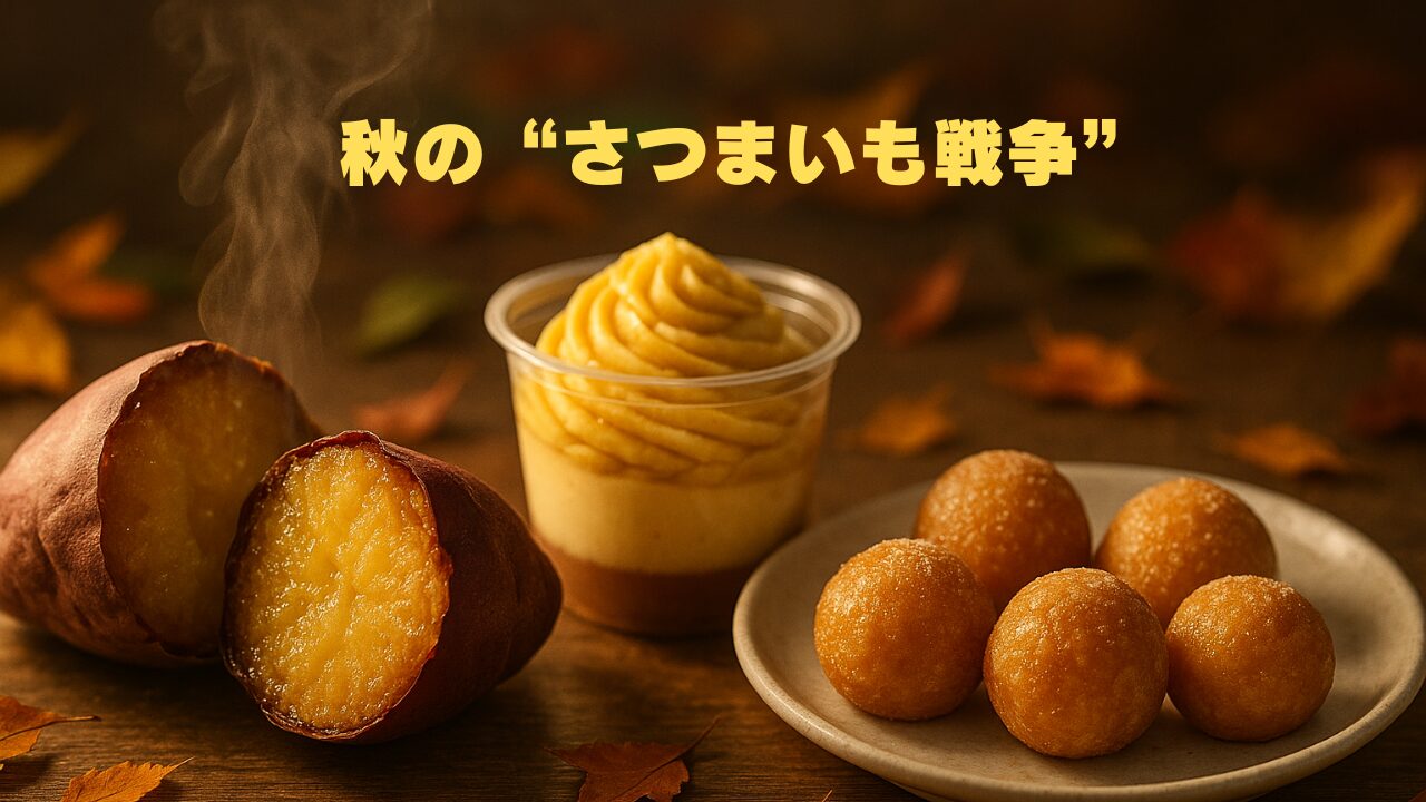 焼き芋、スイートポテトクリーム、さつまいも団子が並んだ秋のスイーツ盛り合わせ