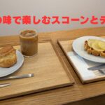 木製トレイに並んだスコーンとジャム、クリーム、アイスコーヒー、レモンワッフルとデカフェラテのカフェセット