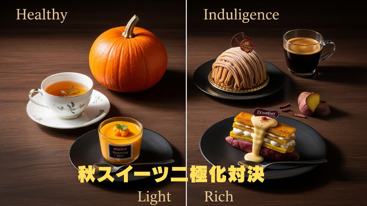 かぼちゃプリンと紅茶のヘルシーなセットと、モンブランやさつまいもスイーツのリッチなセットを対比した秋スイーツのイメージ
