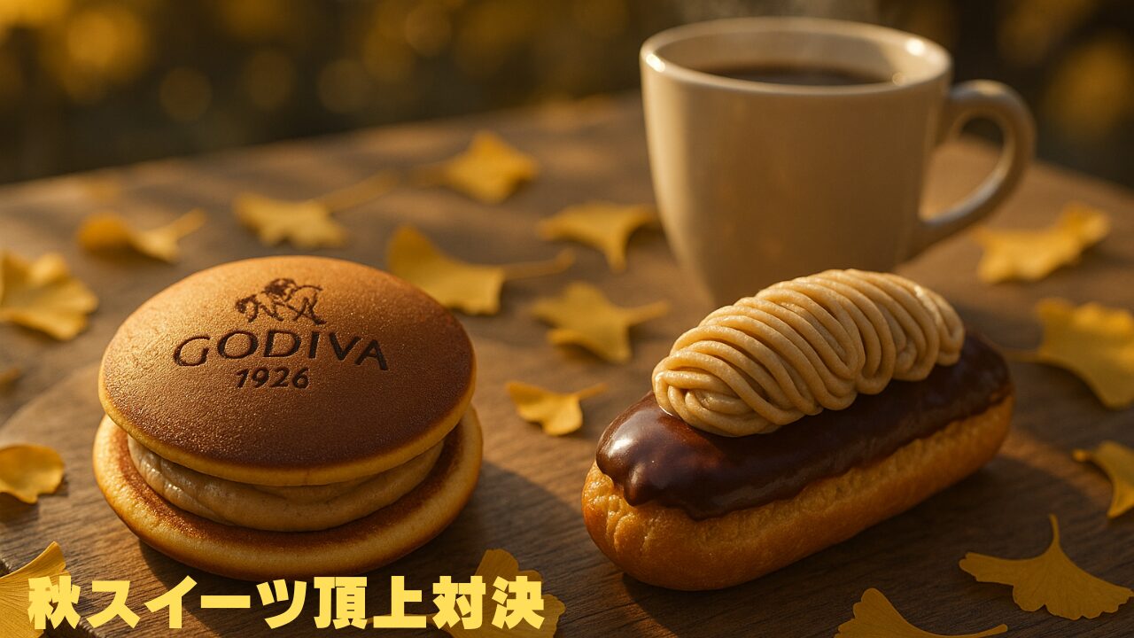 コーヒーと一緒に並べられたGODIVAどらもっちとモンブランエクレア。テーブルにイチョウの葉が散りばめられ、秋らしい雰囲気のスイーツ対決