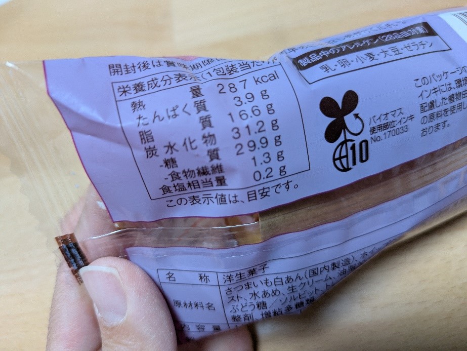 ファミリーマートの「ロールケーキみたいなスイートポテト」の裏面パッケージ。カロリーやたんぱく質、脂質、炭水化物などの栄養成分表が印字されている。