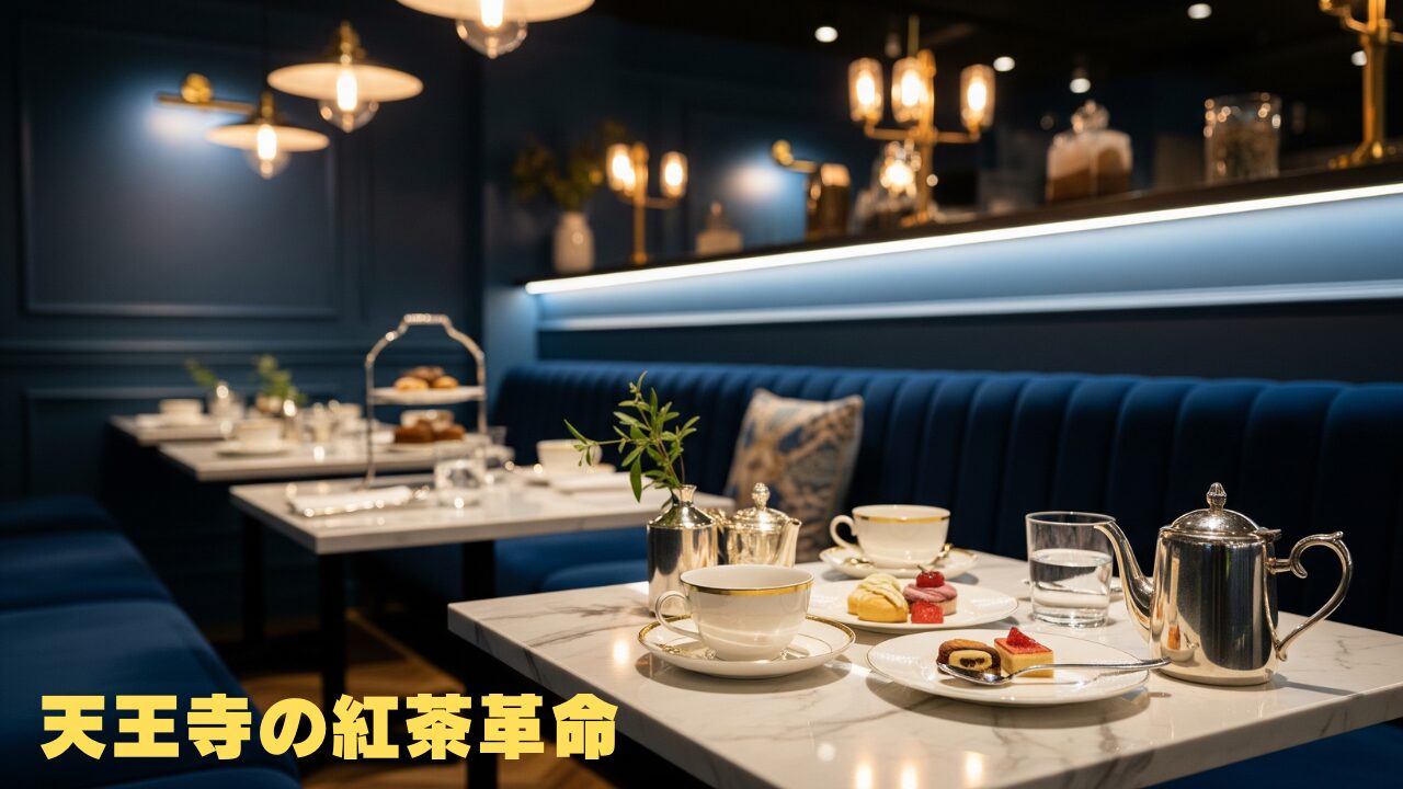 青を基調とした上品なティーサロンの店内。白い大理石のテーブルにティーポットと紅茶、スイーツが並び、温かい照明が空間を包んでいる。