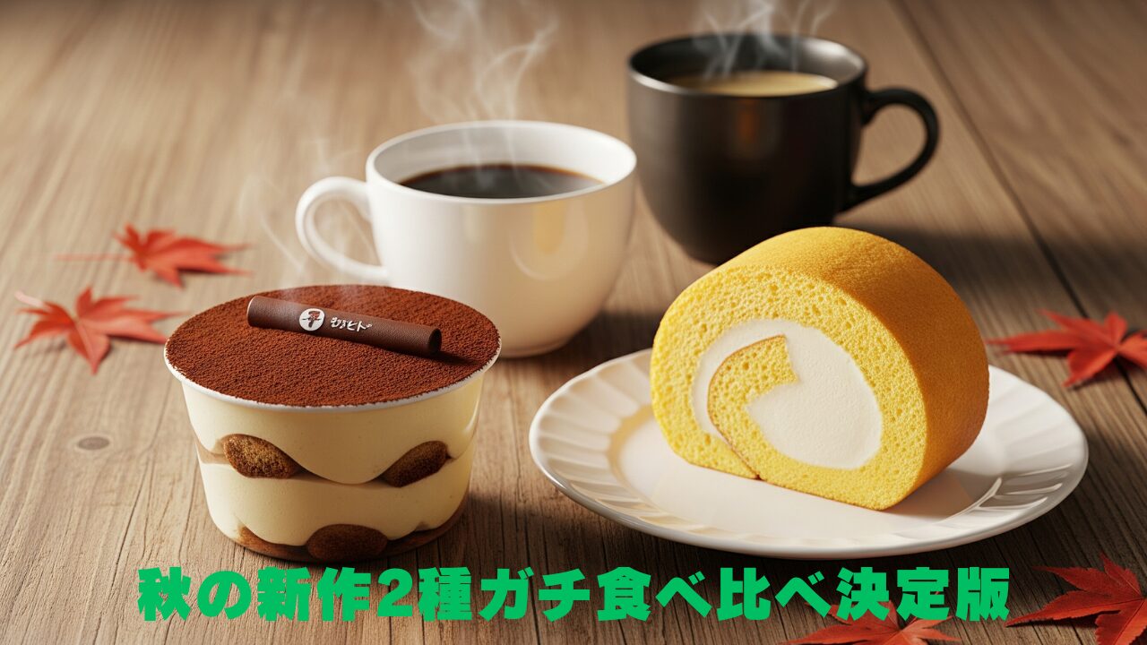 ティラミスとスイートポテトロールケーキ、そしてコーヒーが並ぶ秋らしいスイーツの食べ比べシーン。木のテーブルに紅葉の葉が散らばっている。