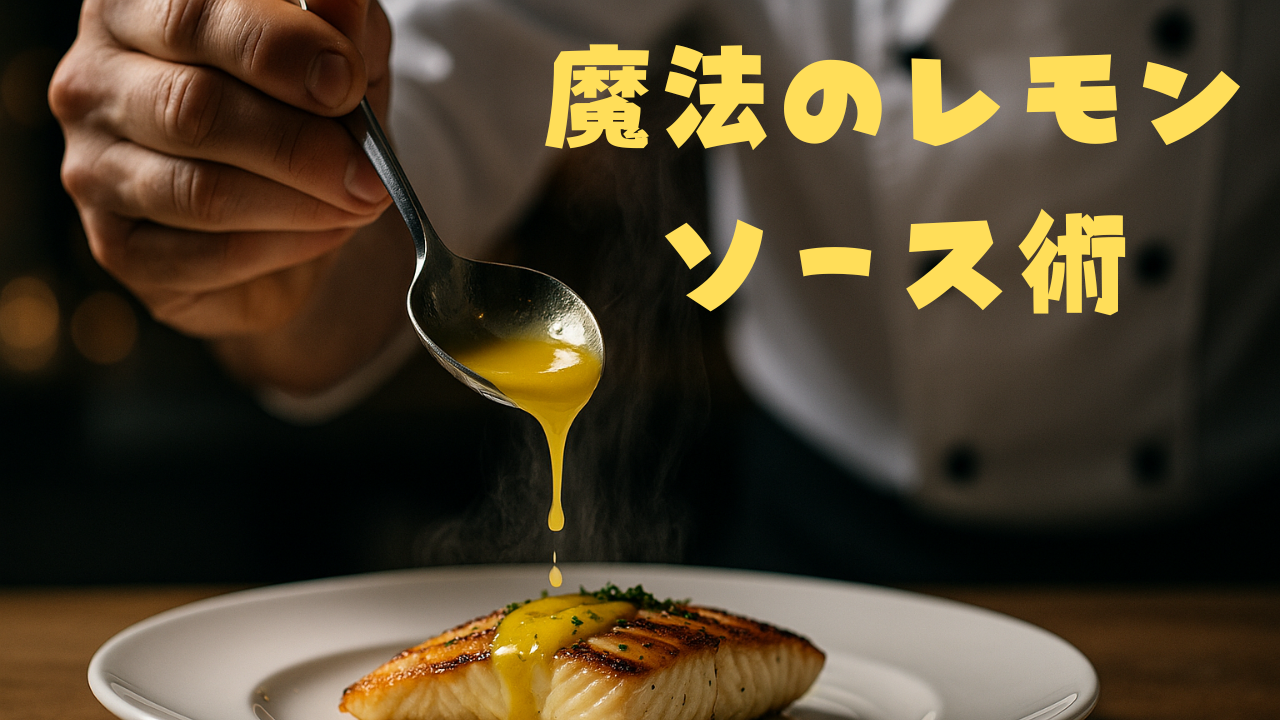 レストランの厨房で、シェフが焼き魚に黄色いレモンソースを丁寧にかけている様子。「魔法のレモンソース術」の文字入り。