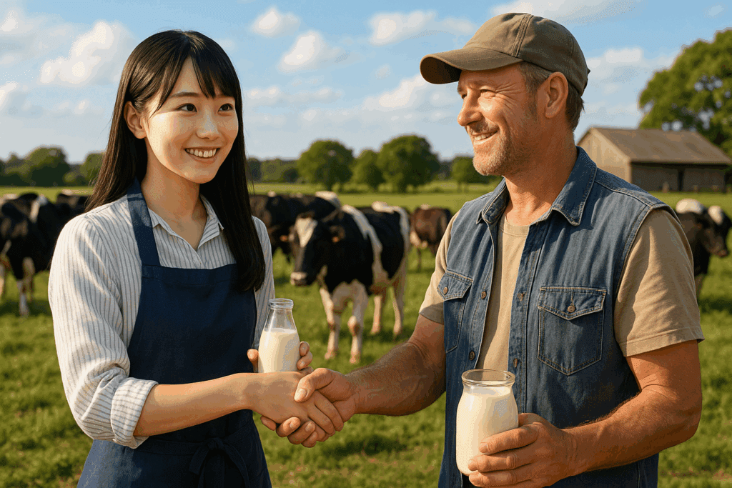 牧場で牛を背景に、牛乳瓶を手にした日本人女性と外国人男性の酪農家が笑顔で握手している様子。
