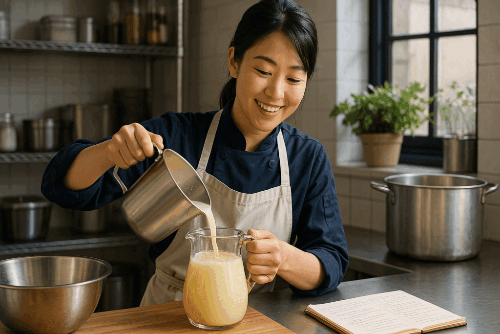 厨房で甘酒らしき白濁した飲み物をピッチャーに注ぐエプロン姿の女性。笑顔で丁寧に作業をしている。