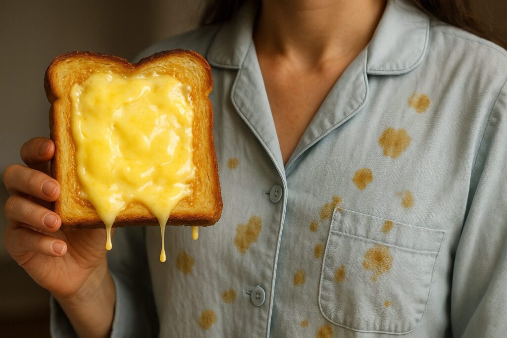 パジャマに食べこぼしのシミをたくさんつけた人が、チーズがとろけるトーストを持っている。