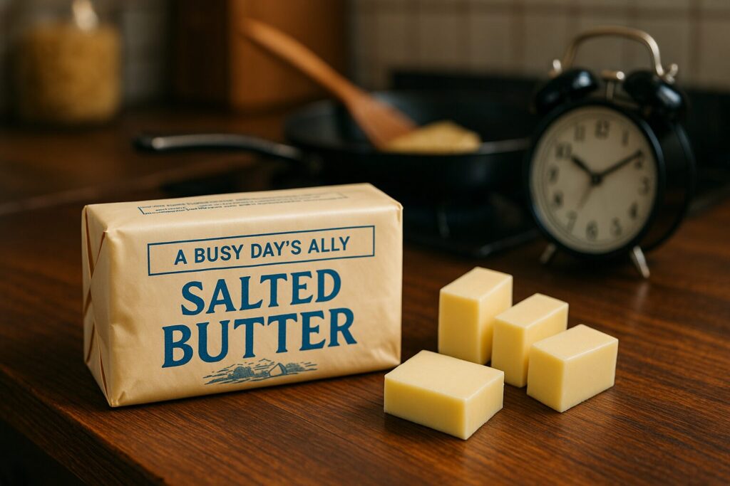 木のキッチンカウンターの上に、包装された塩バターと、カットされたバターが置かれている。背景にはフライパンと目覚まし時計がある。