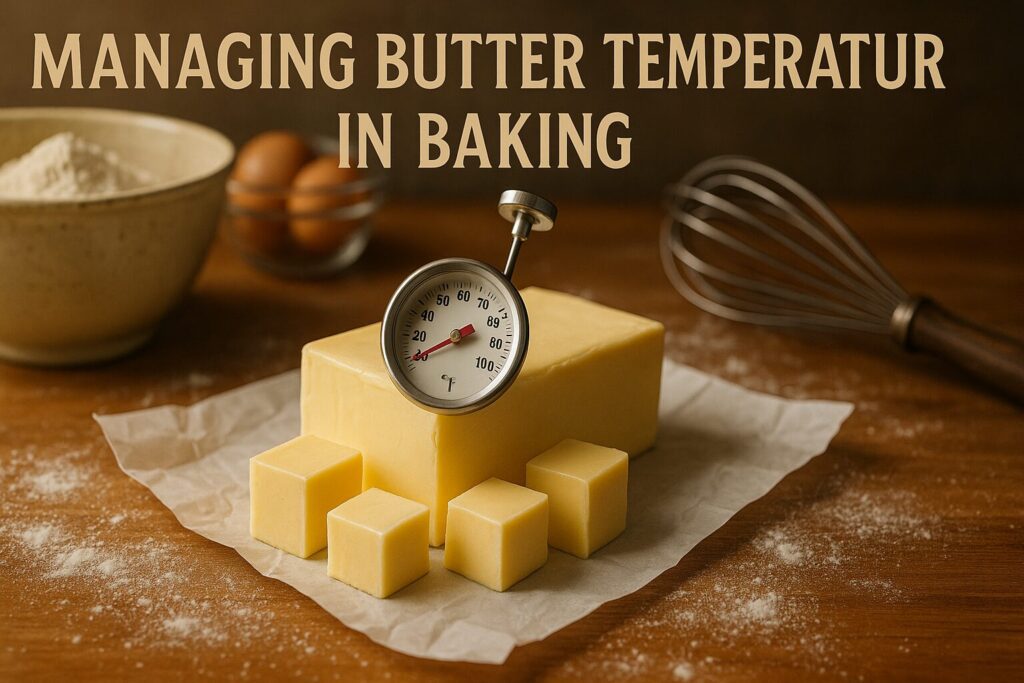 製菓材料に囲まれたバターの塊に、料理用温度計が刺さっている。「お菓子作りにおけるバターの温度管理」という文字が入っている。