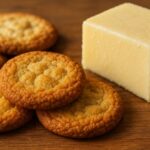 木製のテーブルの上に、数枚のバタークッキーと大きなチーズの塊が置かれている。