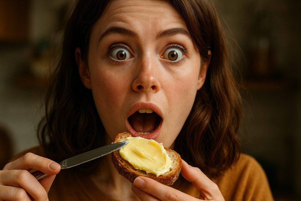 バタートーストを手に持ち、その美味しさに衝撃を受けて目を見開いている女性。