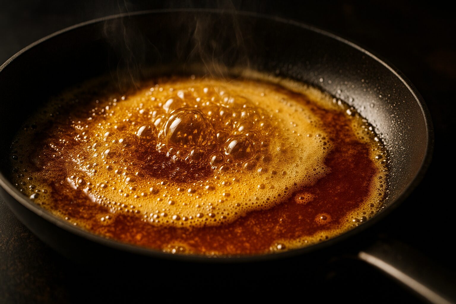 黒いフライパンの中で、バターが溶けて泡立ち、香ばしい焦がしバターになっている。