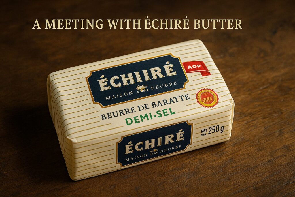 木製のテーブルの上に、フランス産高級バター「エシレ」の有塩（ドゥミ・セル）が置かれている。