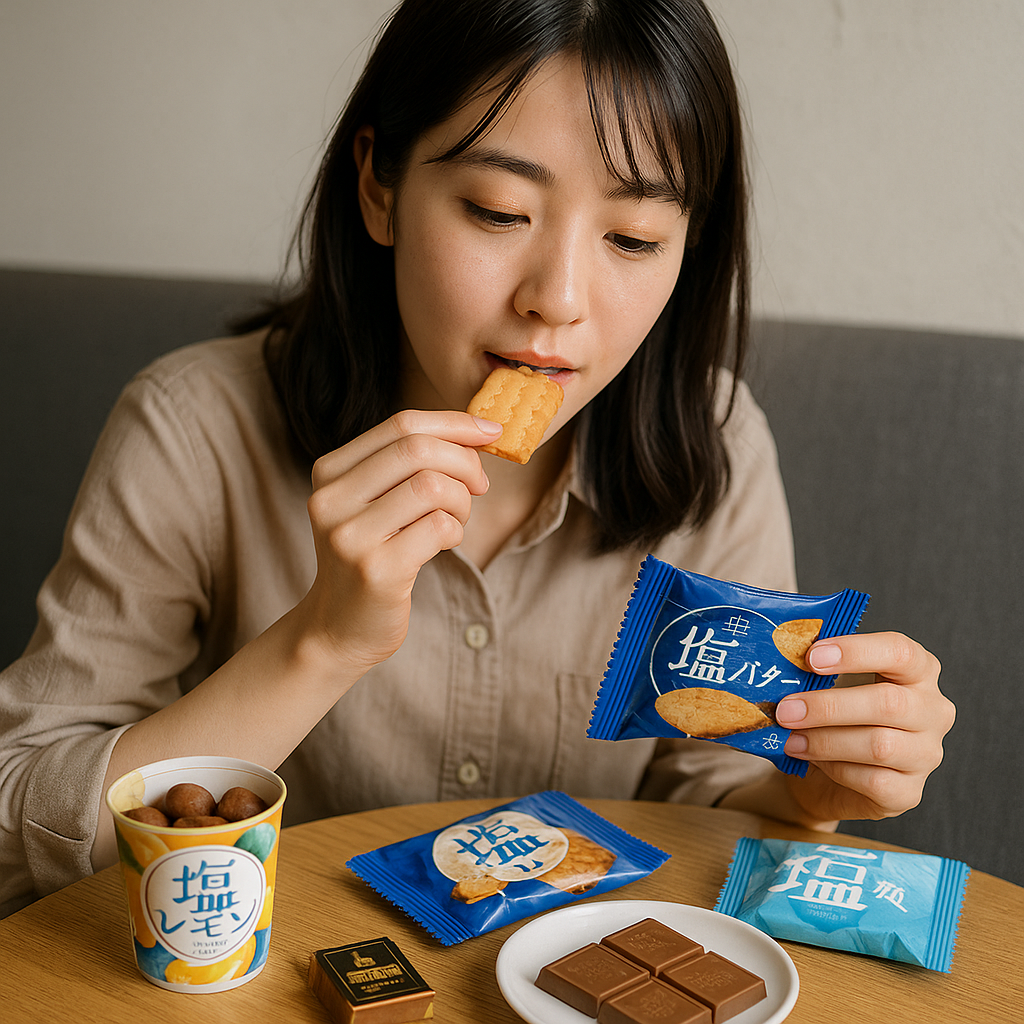 塩バタークッキーや塩チョコレートを楽しむ若い女性。塩スイーツの人気と日常化を象徴するシーン。