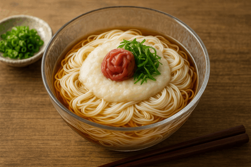 ガラスの器に盛られた冷やしそうめんに、とろろ、梅干し、青じそのトッピングが美しい写真