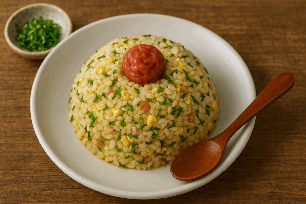 白い皿に盛られた梅しそチャーハン。中央に梅干しがのっていて、彩り豊かなご飯が特徴の写真
