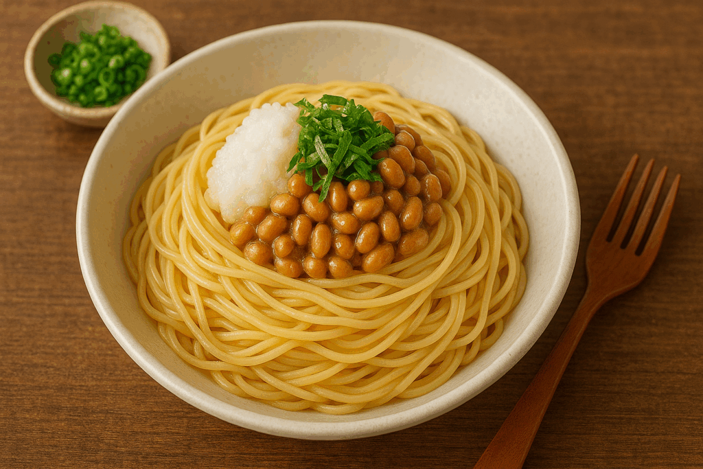 白い器に盛られたパスタの上に、納豆、大根おろし、青じそがトッピングされた和風パスタの写真