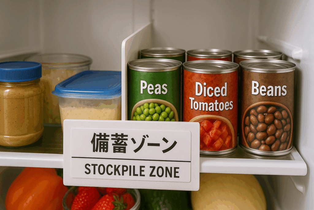 冷蔵庫内に「備蓄ゾーン」とラベル付けされたエリアがあり、缶詰や保存食品が整理されて保管されている。