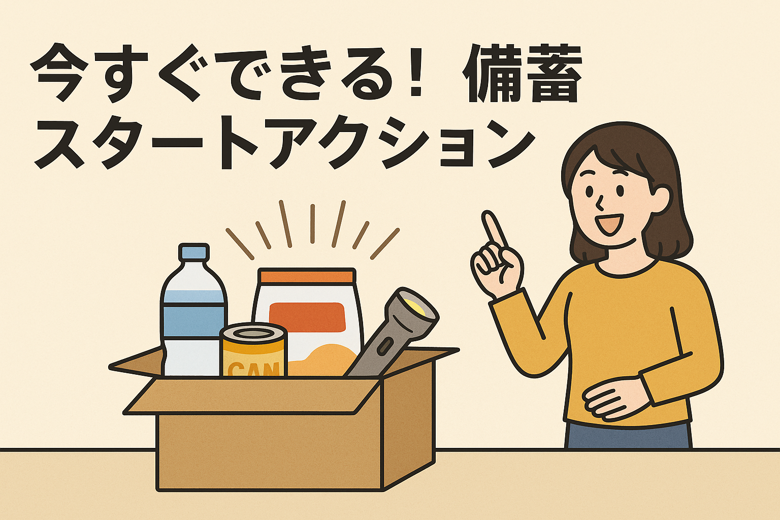 「今すぐできる!備蓄スタートアクション」という見出しと、備蓄品の入った箱を指差している女性のイラスト。