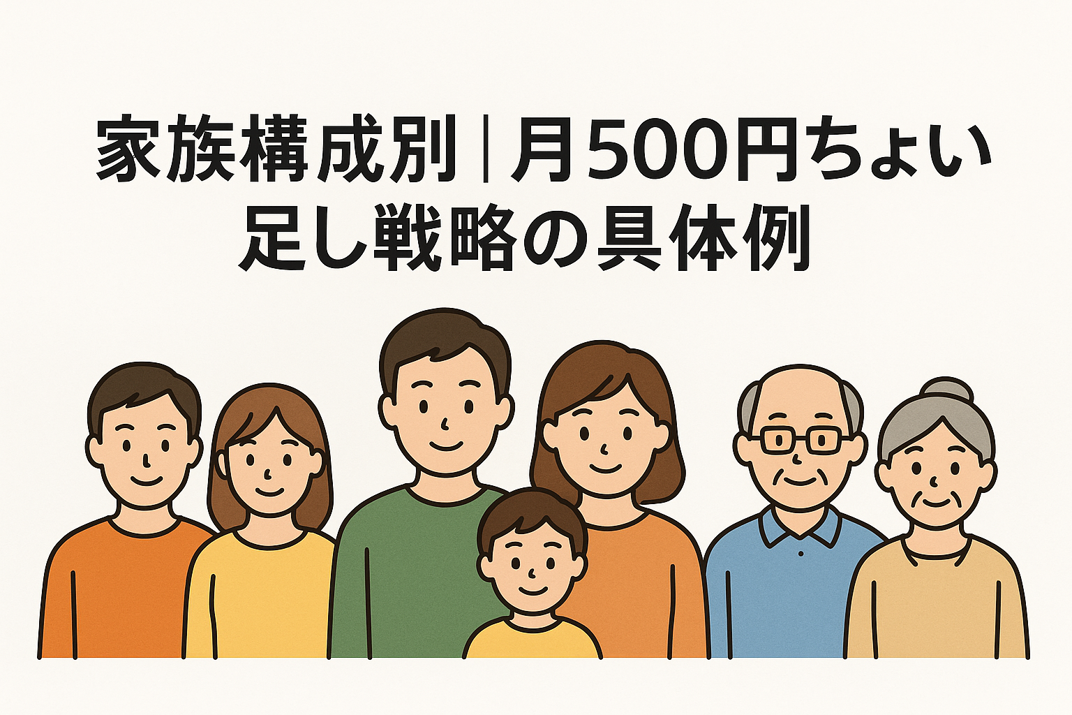「家族構成別|月500円ちょい足し戦略の具体例」という見出しと、世代や年齢の異なる家族メンバーが並ぶイラスト。