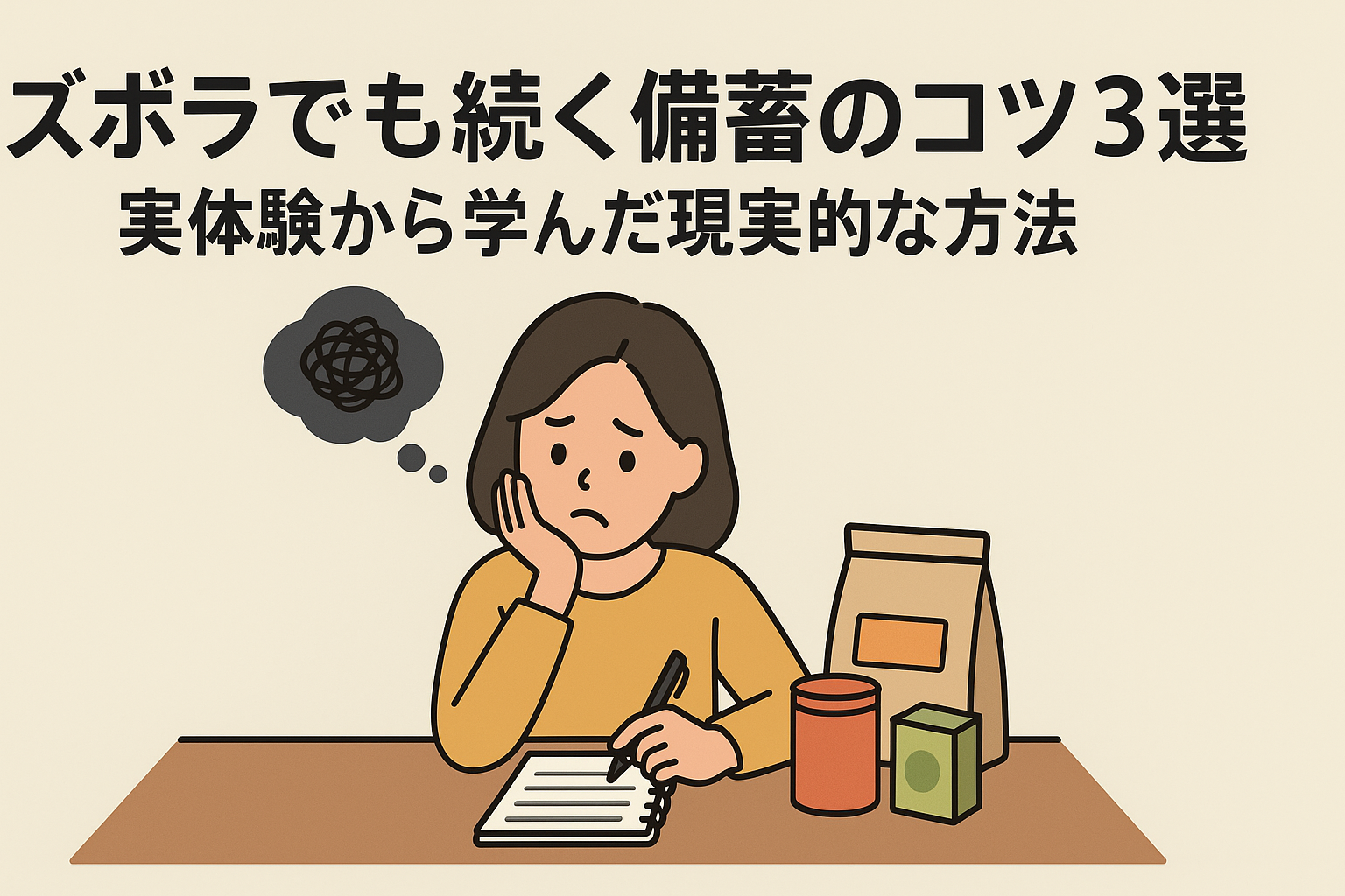 「ズボラでも続く備蓄のコツ3選|実体験から学んだ現実的な方法」という見出しと、悩みながら備蓄リストを考える女性のイラスト。